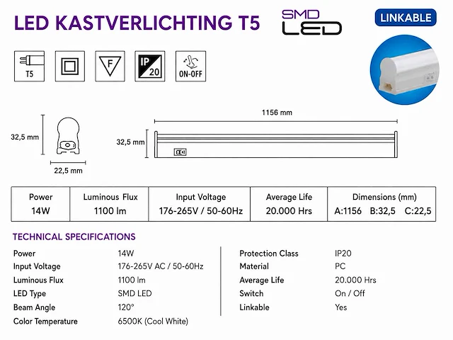 10 x led onderbouw lamp 14w – 6400k koud wit - wit – 120cm – ip20 – sigma-14 - afbeelding 4 van  5
