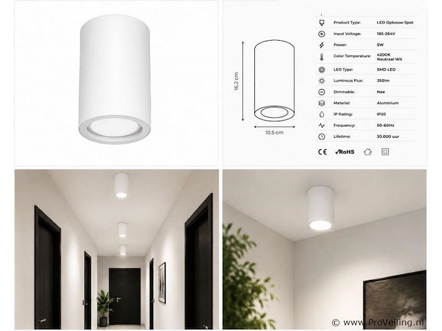 10 x led opbouw spot 5w – 4200k neutraal wit - wit – ip20 – sandra-5/xl - afbeelding 2 van  5