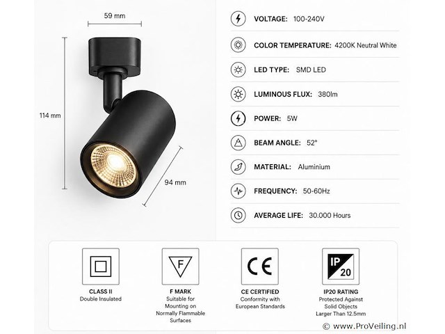 10 x led rail spot 5w – 4200k neutraal wit - zwart – ip20 – arizona-5 - afbeelding 4 van  5