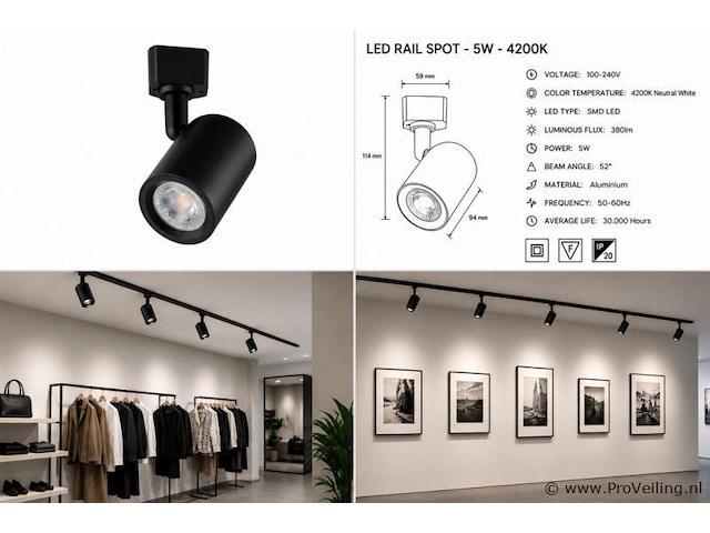 10 x led rail spot 5w – 4200k neutraal wit - zwart – ip20 – arizona-5 - afbeelding 5 van  5