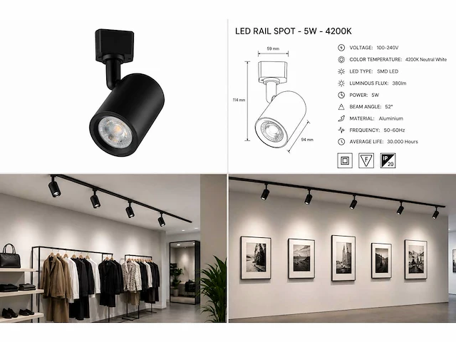 10 x led rail spot 5w – 4200k neutraal wit - zwart – ip20 – arizona-5 - afbeelding 5 van  5