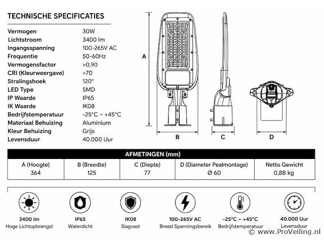 10 x led straatlamp 30w – 6400k koud wit - grijs – ip65 – florida-30 - afbeelding 4 van  5