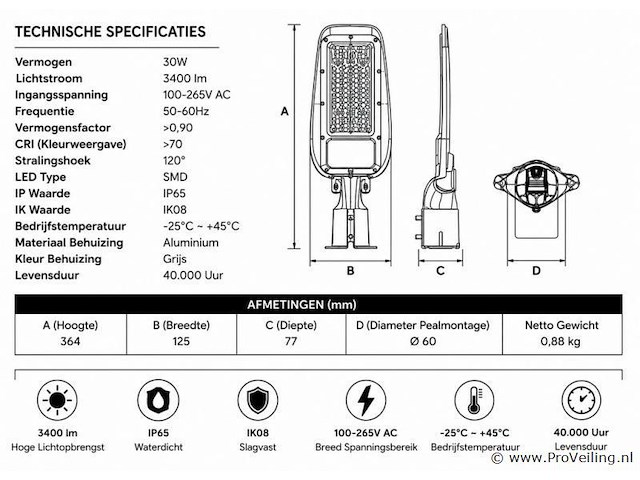10 x led straatlamp 30w – 6400k koud wit - grijs – ip65 – florida-30 - afbeelding 4 van  5