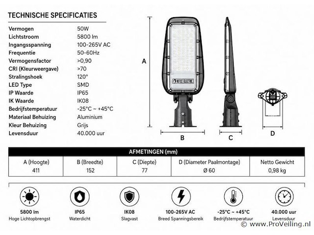 10 x led straatlamp 50w – 6400k koud wit - grijs – ip65 – florida-50 - afbeelding 4 van  5