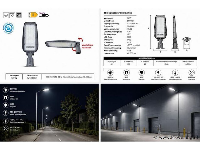 10 x led straatlamp 50w – 6400k koud wit - grijs – ip65 – florida-50 - afbeelding 5 van  5