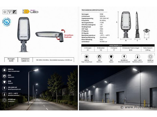 10 x led straatlamp 50w – 6400k koud wit - grijs – ip65 – florida-50 - afbeelding 5 van  5