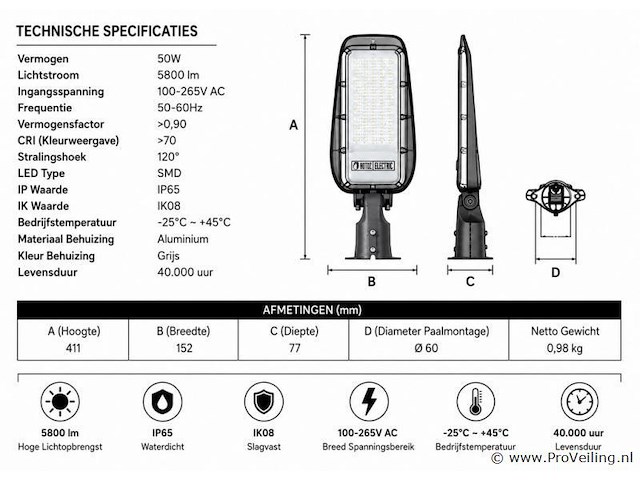 10 x led straatlamp 50w – 6400k koud wit - grijs – ip65 – florida-50 - afbeelding 4 van  5