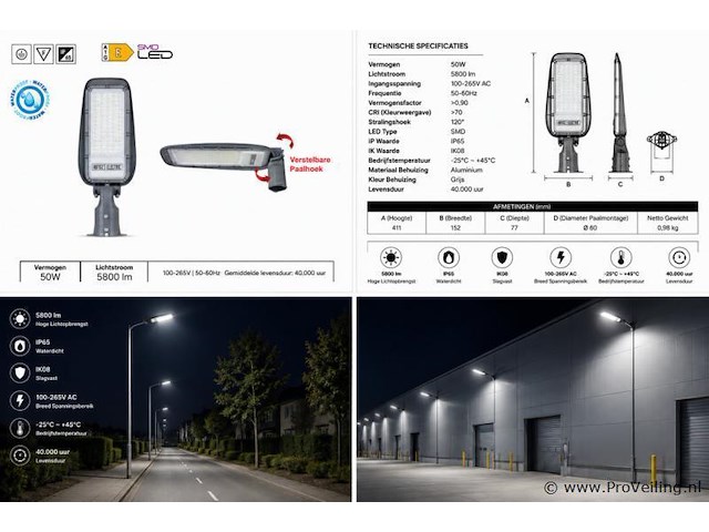 10 x led straatlamp 50w – 6400k koud wit - grijs – ip65 – florida-50 - afbeelding 5 van  5