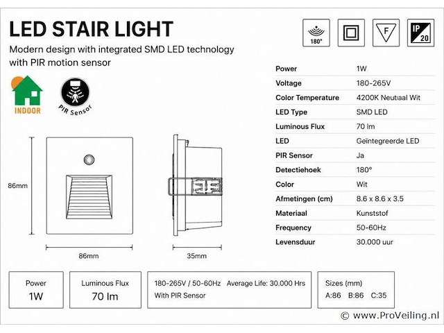 10 x led trapverlichting 1w – 4200k neutraal wit - wit – pir sensor – ip20 – diamond - afbeelding 4 van  5