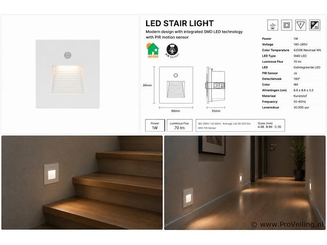 10 x led trapverlichting 1w – 4200k neutraal wit - wit – pir sensor – ip20 – diamond - afbeelding 5 van  5
