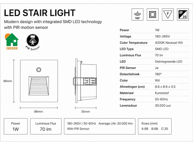 10 x led trapverlichting 1w – 4200k neutraal wit - wit – pir sensor – ip20 – diamond - afbeelding 4 van  5