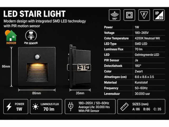 10 x led trapverlichting 1w – 4200k neutraal wit - zwart – pir sensor – ip20 – diamond - afbeelding 4 van  5