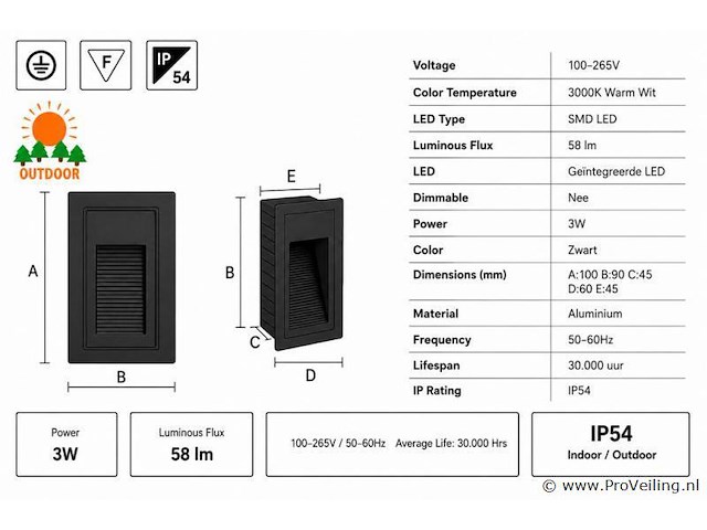 10 x led trapverlichting 3w – 3000k warm wit - rechthoek – zwart – ip54 – yoga-v1 - afbeelding 4 van  5