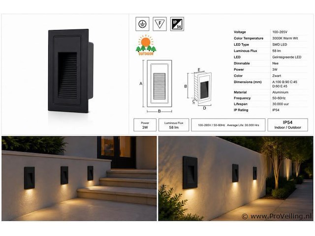 10 x led trapverlichting 3w – 3000k warm wit - rechthoek – zwart – ip54 – yoga-v1 - afbeelding 5 van  5