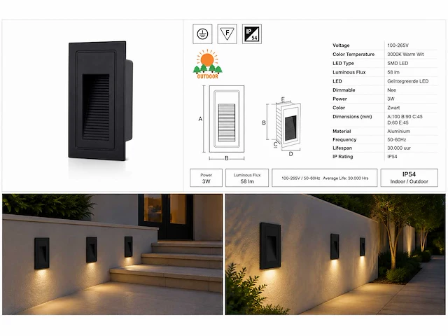 10 x led trapverlichting 3w – 3000k warm wit - rechthoek – zwart – ip54 – yoga-v1 - afbeelding 5 van  5