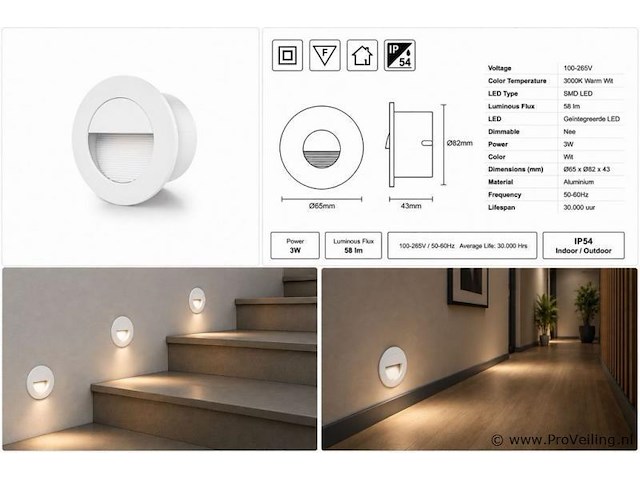 10 x led trapverlichting 3w – 3000k warm wit - rond – wit – ip54 – icon-r - afbeelding 5 van  5