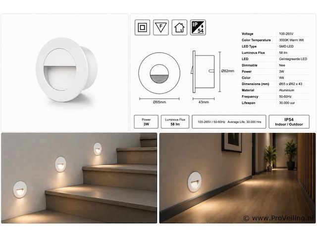 10 x led trapverlichting 3w – 3000k warm wit - rond – wit – ip54 – icon-r - afbeelding 5 van  5