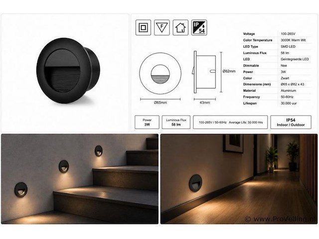 10 x led trapverlichting 3w – 3000k warm wit - rond – zwart – ip54 – icon-r - afbeelding 5 van  5
