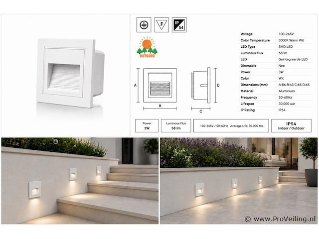 10 x led trapverlichting 3w – 3000k warm wit - vierkant – wit – ip54 – icon-s - afbeelding 5 van  5