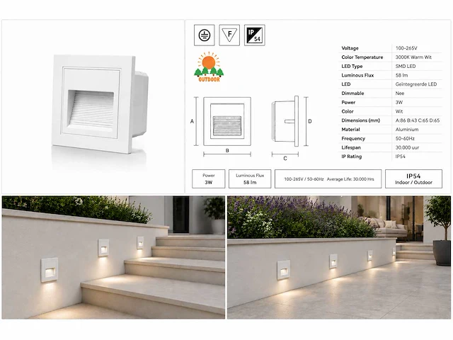 10 x led trapverlichting 3w – 3000k warm wit - vierkant – wit – ip54 – icon-s - afbeelding 5 van  5