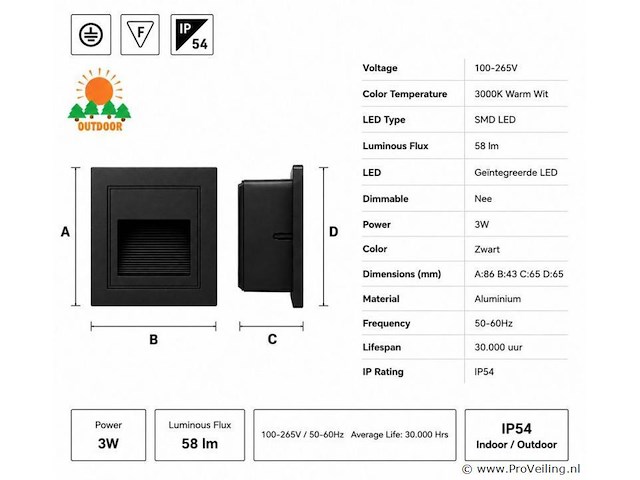 10 x led trapverlichting 3w – 3000k warm wit - vierkant – zwart – ip54 – icon-s - afbeelding 4 van  5