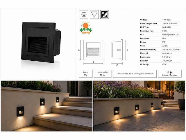 10 x led trapverlichting 3w – 3000k warm wit - vierkant – zwart – ip54 – icon-s - afbeelding 5 van  5