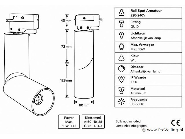 10 x rail spot armatuur – gu10 – wit – ip20 – toronto - afbeelding 4 van  5