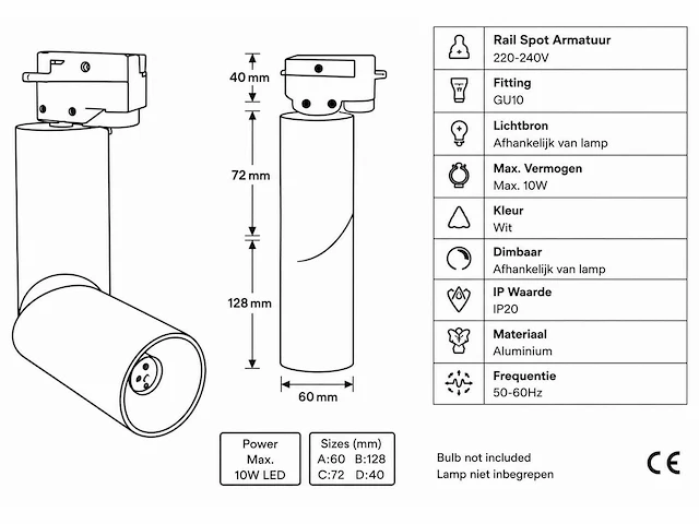 10 x rail spot armatuur – gu10 – wit – ip20 – toronto - afbeelding 4 van  5