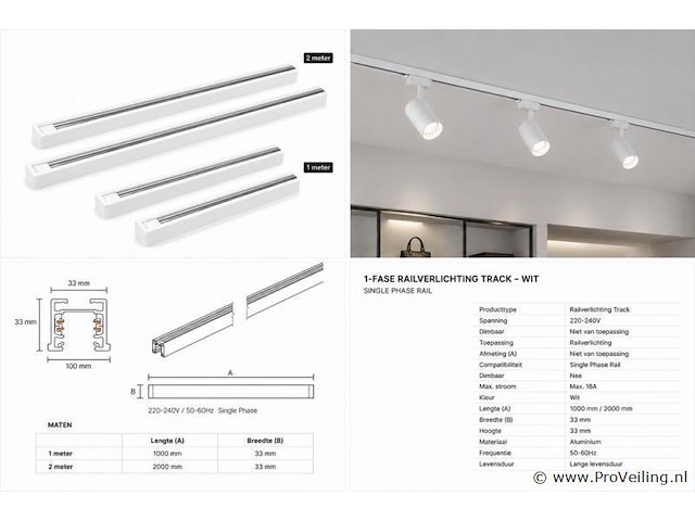10 x railverlichting track – 1 fase – 2 meter – wit - lighting track - afbeelding 4 van  5