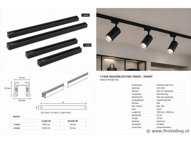 10 x railverlichting track – 1 fase – 2 meter – zwart - lighting track - afbeelding 4 van  5