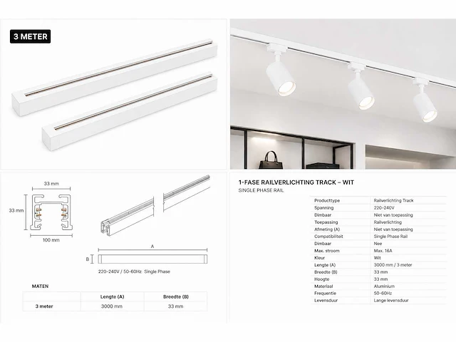 10 x railverlichting track – 1 fase – 3 meter – wit - lighting track - afbeelding 5 van  5