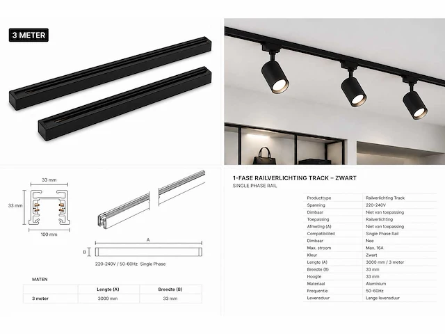 10 x railverlichting track – 1 fase – 3 meter – zwart - lighting track - afbeelding 5 van  5