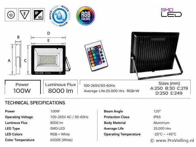 10 x rgb led floodlight 100w - zwart – ip65 – remix-100 - afbeelding 4 van  5
