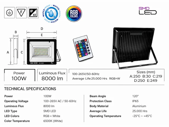 10 x rgb led floodlight 100w - zwart – ip65 – remix-100 - afbeelding 4 van  5
