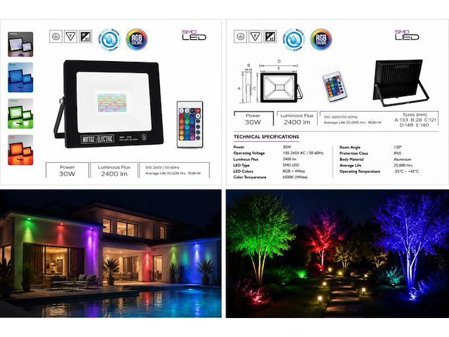 10 x rgb led floodlight 30w - zwart – ip65 – remix-30 - afbeelding 5 van  5