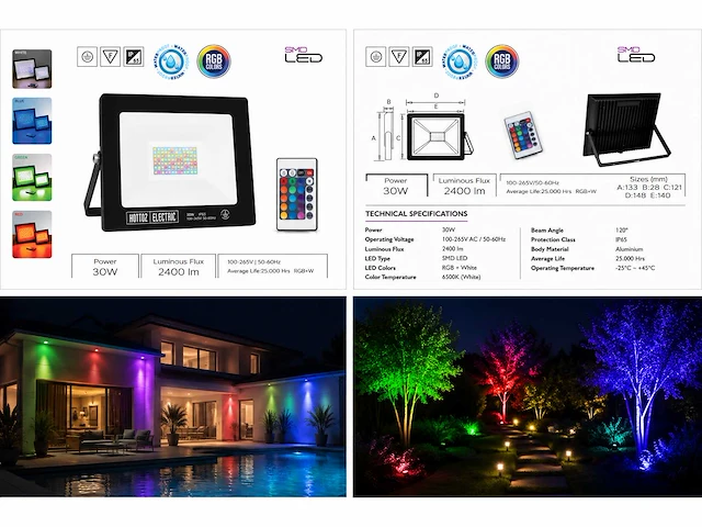 10 x rgb led floodlight 30w - zwart – ip65 – remix-30 - afbeelding 5 van  5