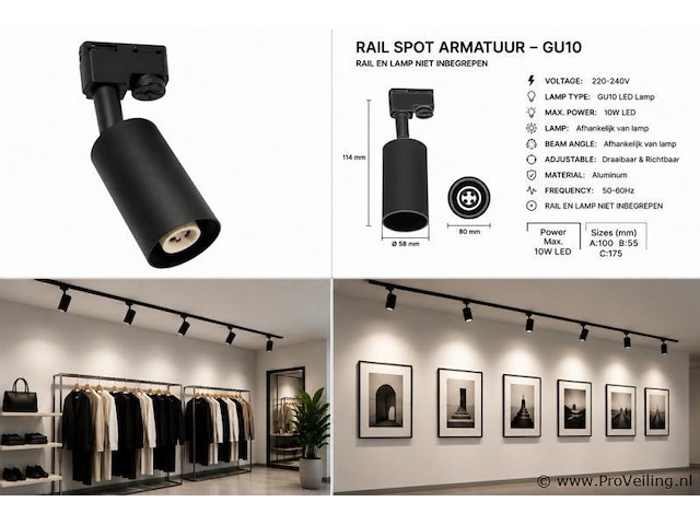 10 x spot op richtbare rail – gu10 – ip20 – zwart – bazel - afbeelding 5 van  5