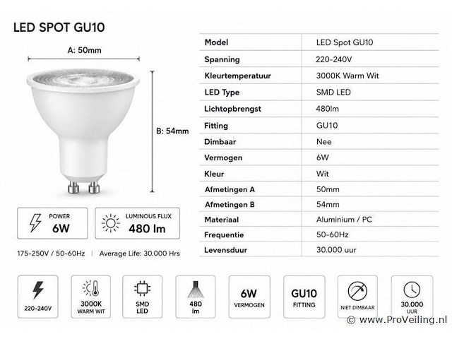100 x led spot gu10 – 6w – 3000k warm wit – ip20 - afbeelding 3 van  4