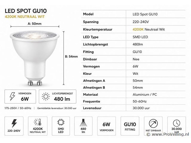 100 x led spot gu10 – 6w – 4200k neutraal wit – ip20 - afbeelding 3 van  4