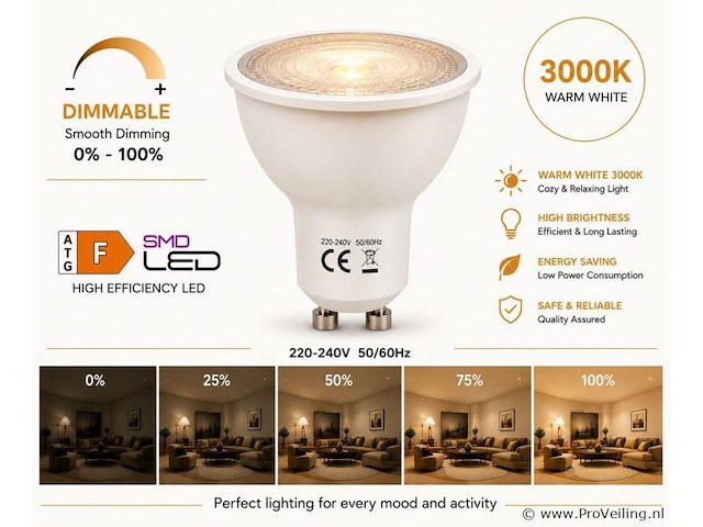 100 x led spot gu10 – 6w – dimbaar – 3000k warm wit – ip20 - afbeelding 1 van  4
