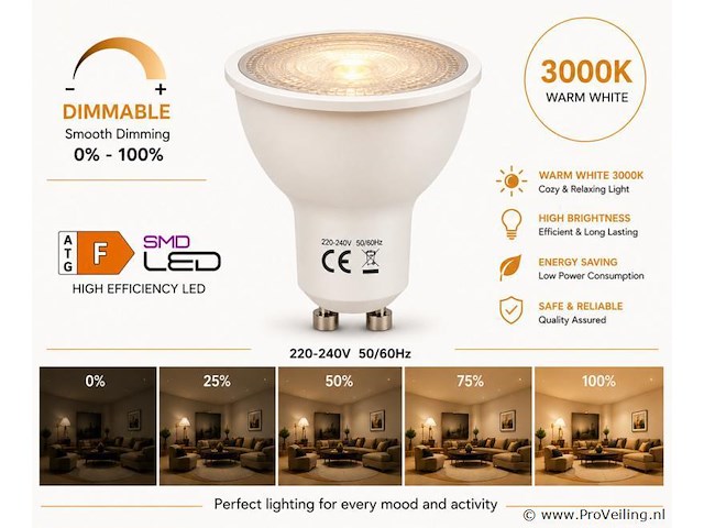 100 x led spot gu10 – 6w – dimbaar – 3000k warm wit – ip20 - afbeelding 1 van  4