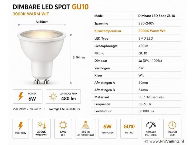 100 x led spot gu10 – 6w – dimbaar – 3000k warm wit – ip20 - afbeelding 3 van  4