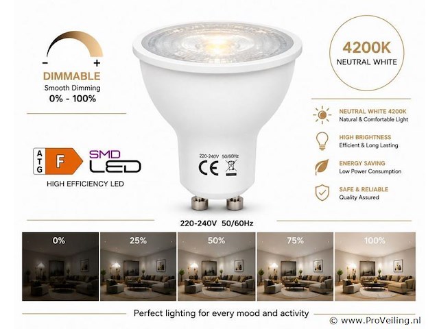 100 x led spot gu10 – 6w – dimbaar – 4200k neutraal wit – ip20 - afbeelding 1 van  4