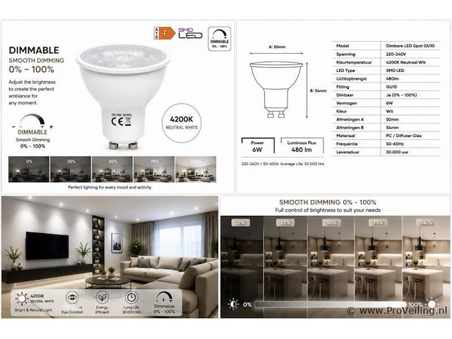 100 x led spot gu10 – 6w – dimbaar – 4200k neutraal wit – ip20 - afbeelding 4 van  4