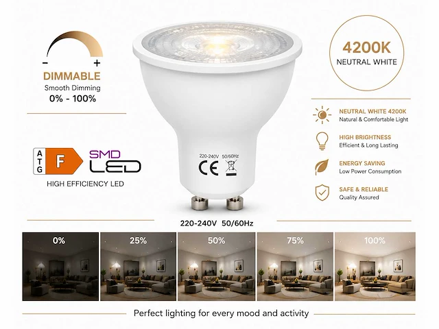 100 x led spot gu10 – 6w – dimbaar – 4200k neutraal wit – ip20 - afbeelding 1 van  4