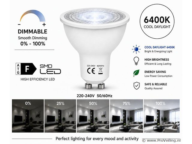 100 x led spot gu10 – 6w – dimbaar – 6400k koud wit – ip20 - afbeelding 1 van  4