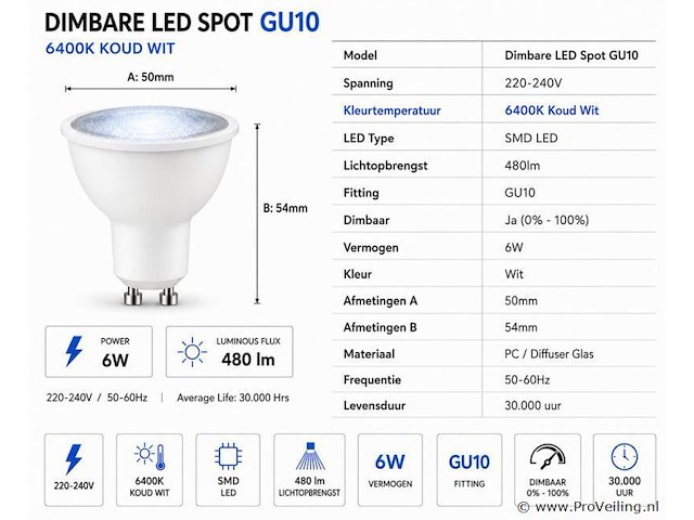 100 x led spot gu10 – 6w – dimbaar – 6400k koud wit – ip20 - afbeelding 3 van  4