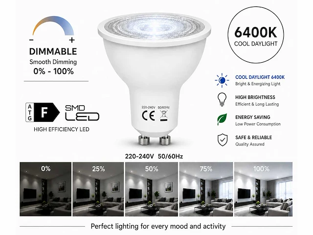 100 x led spot gu10 – 6w – dimbaar – 6400k koud wit – ip20 - afbeelding 1 van  4
