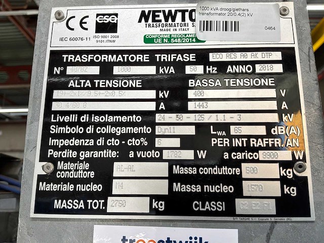 1000 kva transformator newton 19.000 / 400 volt - afbeelding 2 van  7