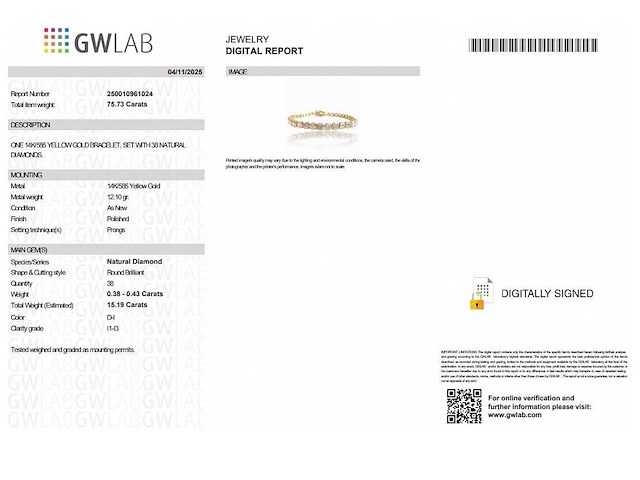 14 karaat geelgouden armband met 15,19 crt. natuurlijke diamant - afbeelding 2 van  6